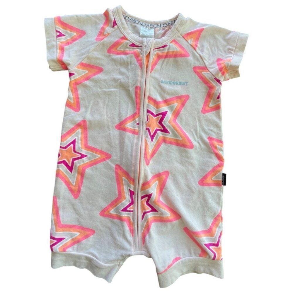 Bonds Pink Star Short Sleeve Summer Zip Shorty Wondersuit Size 0-6M